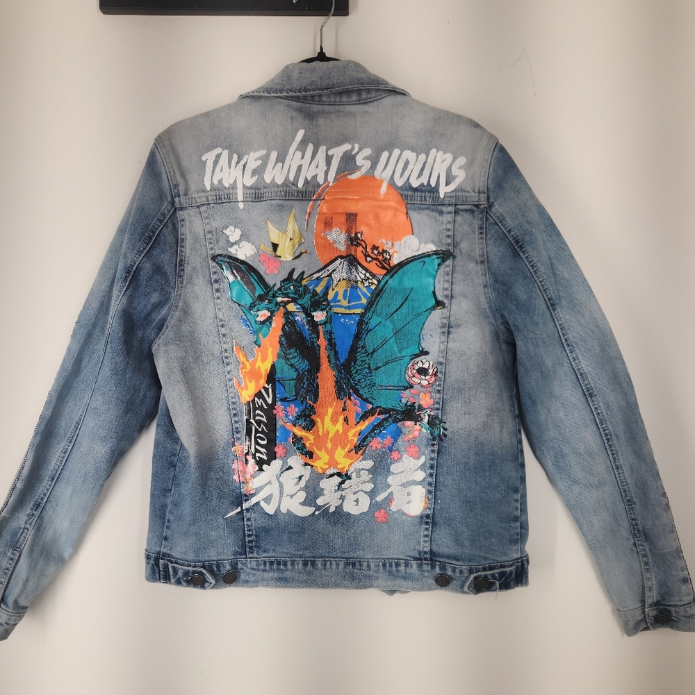 Reason Flaming Dragon Denim Jacket with Colorful Prints. Size M.   #G02 - Picture 2 of 15